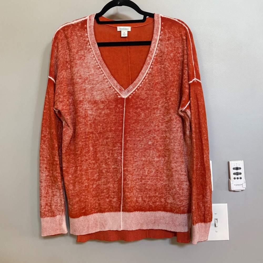 Sundance‎ Orange Distressed V Neck Lightweight Cotton Sweater M